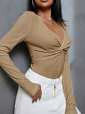Twisted V-Neck Long Sleeve Blouse - felvior