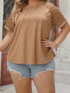 Plus Size Lace Round Neck Short Sleeve T-Shirt