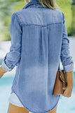 Pocketed Collared Neck Long Sleeve Denim Top - felvior