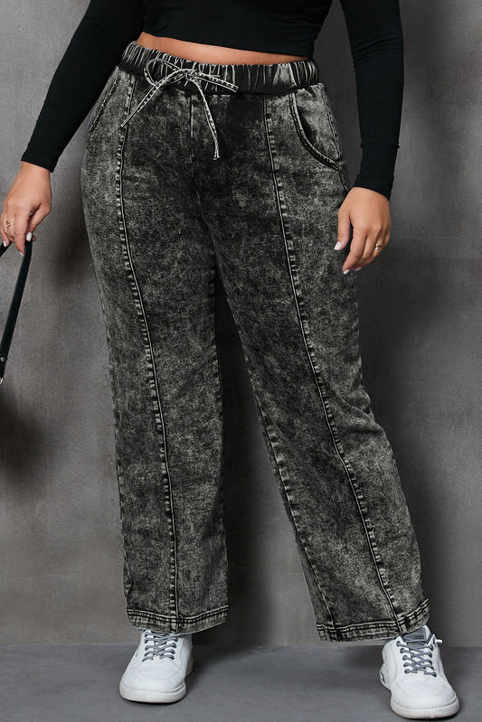 Plus Size Drawstring Pocketed Straight Jeans - felvior