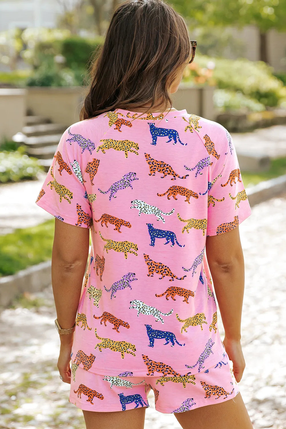 Animal Round Neck Top and Shorts Lounge Set - felvior
