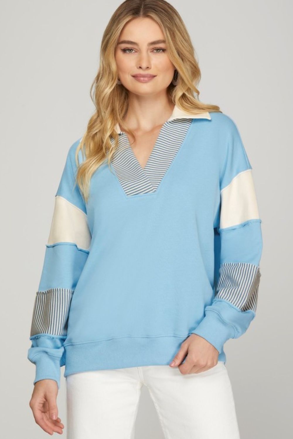 She + Sky Full Size Color Block Sleeve Johnny Collar French Terry Sweatshirt Plus Size Hauptbild
