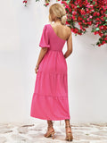 Smocked One-Shoulder Midi Dress - felvior