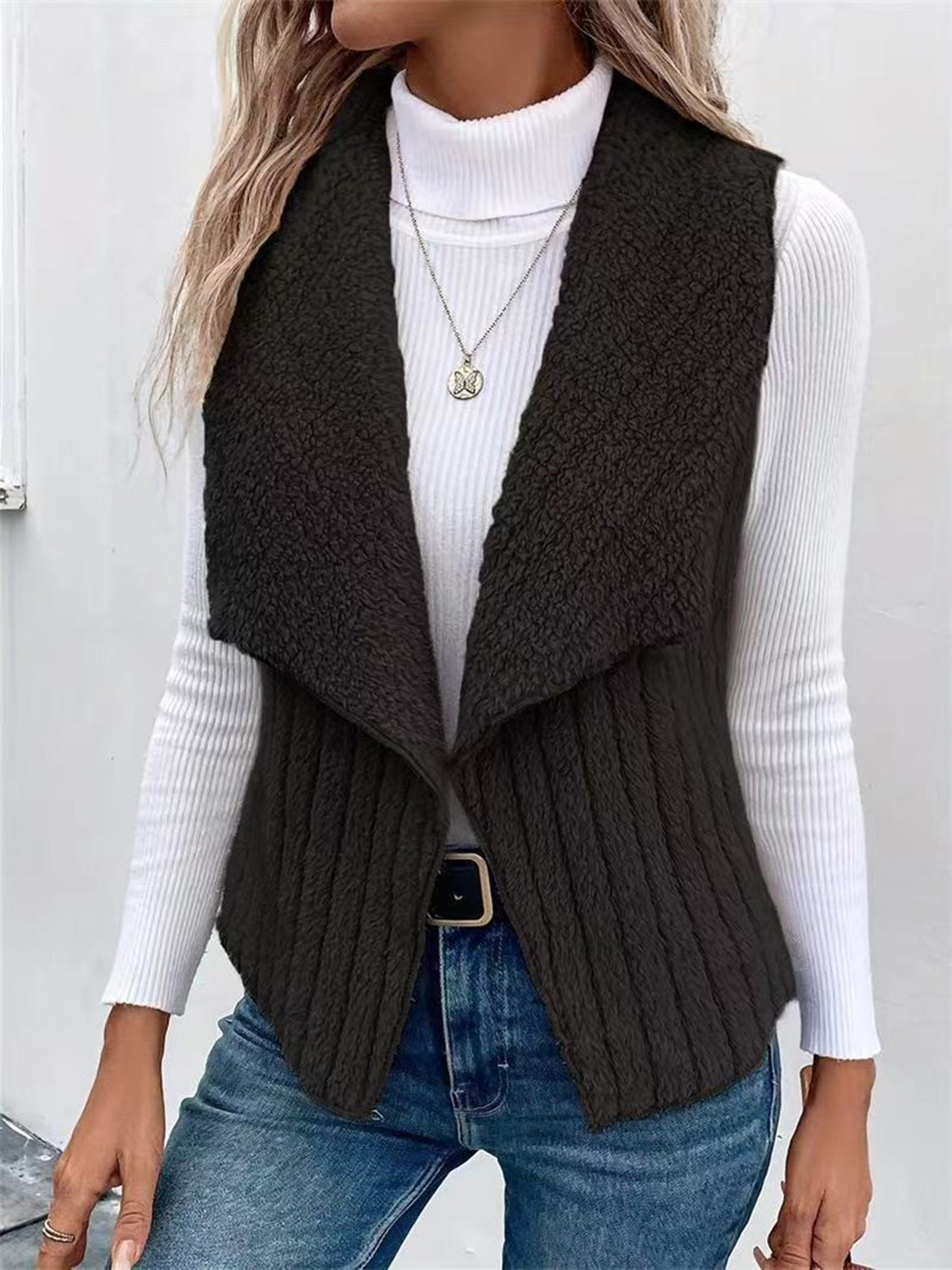Open Front Fuzzy Vest Coat - felvior