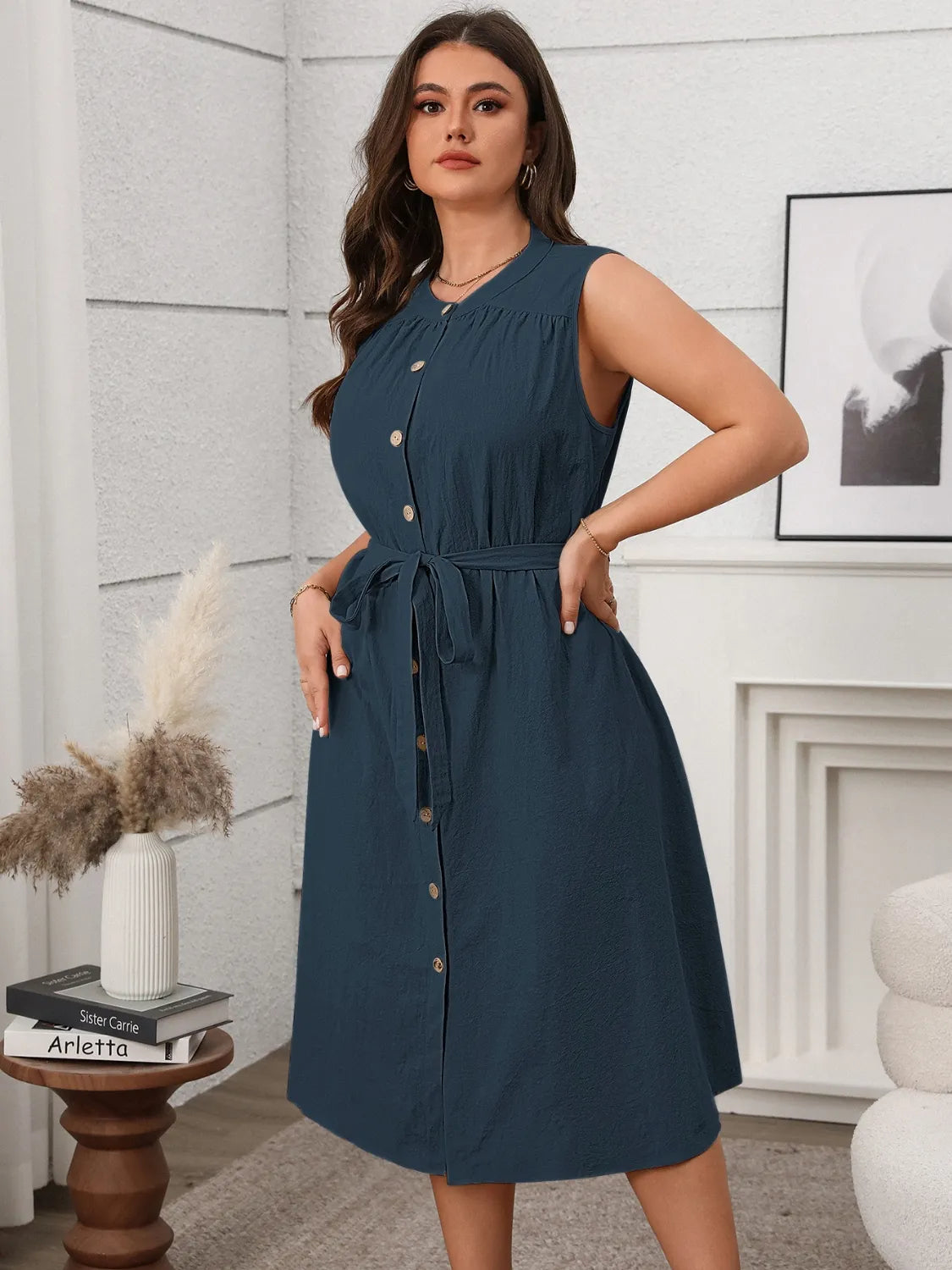 Plus Size Button Front Tie Waist Sleeveless Dress