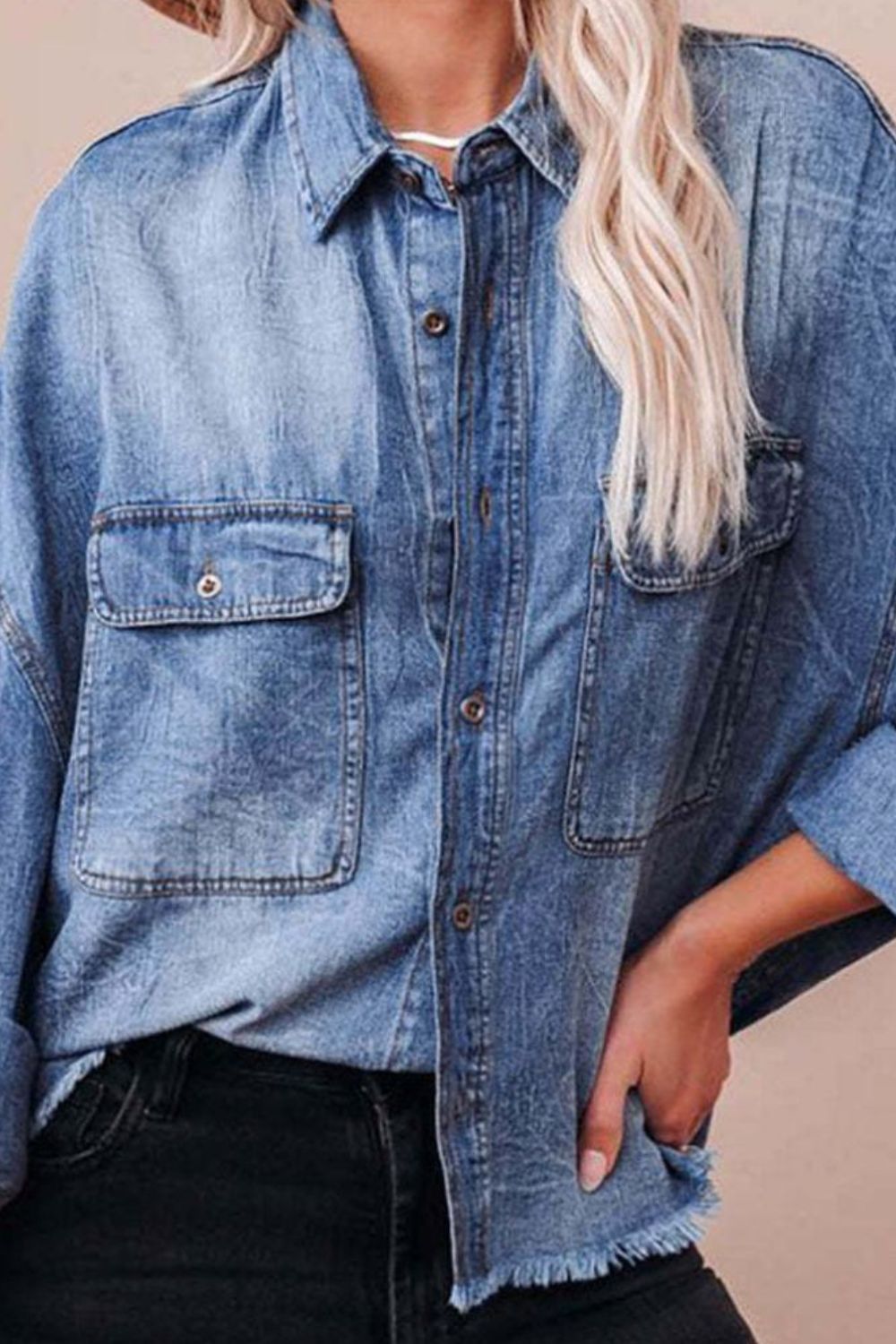 Collared Neck Raw Hem Long Sleeve Denim Shirt - felvior