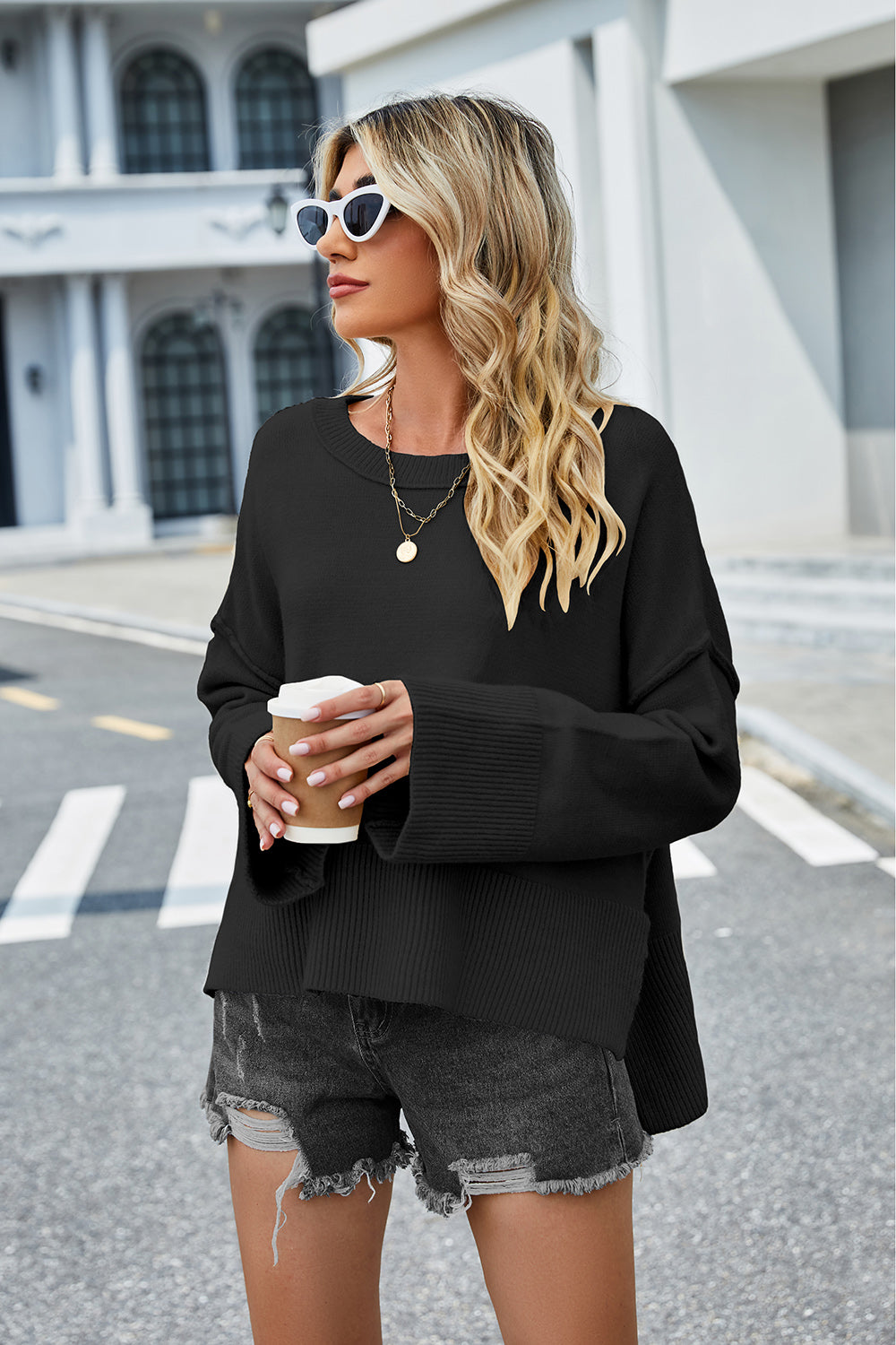 High-Low Slit Round Neck Long Sleeve Sweater - felvior