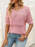 Openwork Round Neck Half Sleeve Knit Top - felvior