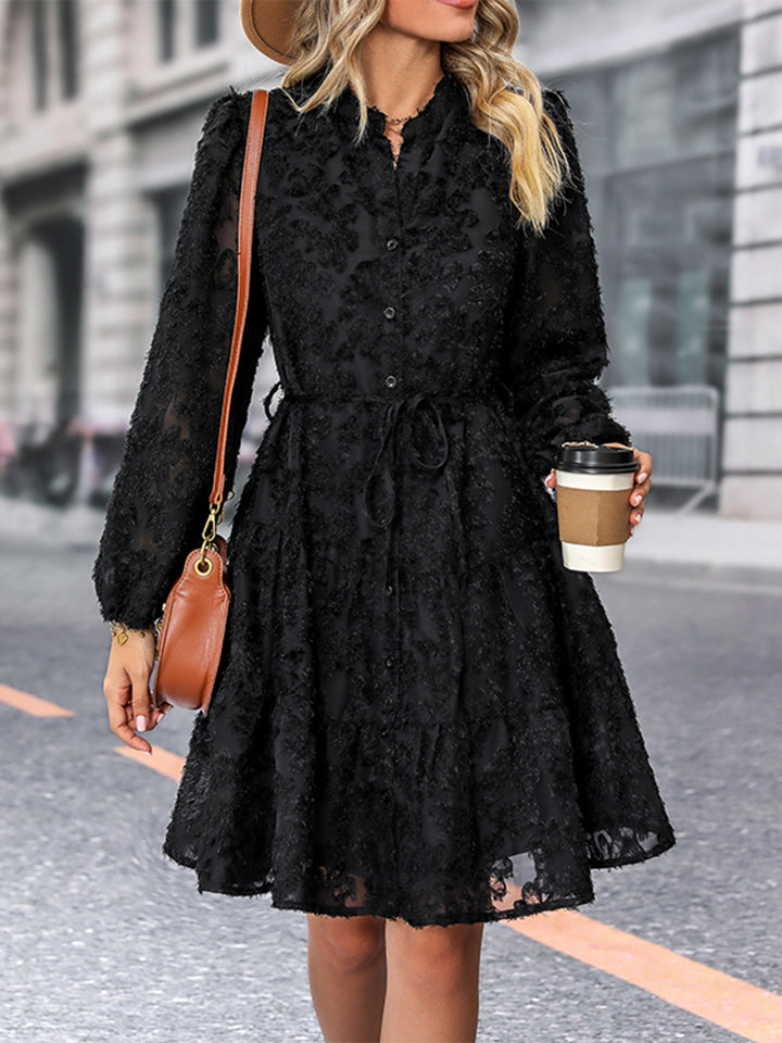 Perfee V-Neck Long Sleeve Buttoned Dress - felvior