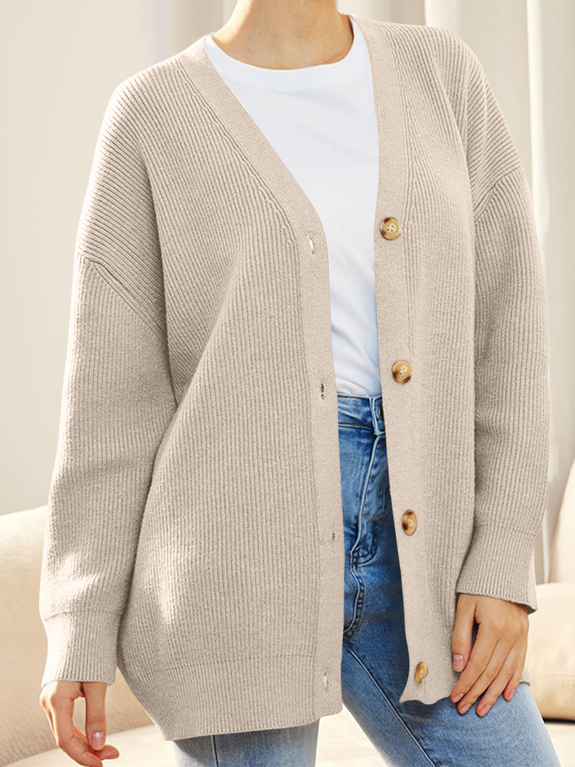 Button Down V-Neck Long Sleeve Cardigan - felvior