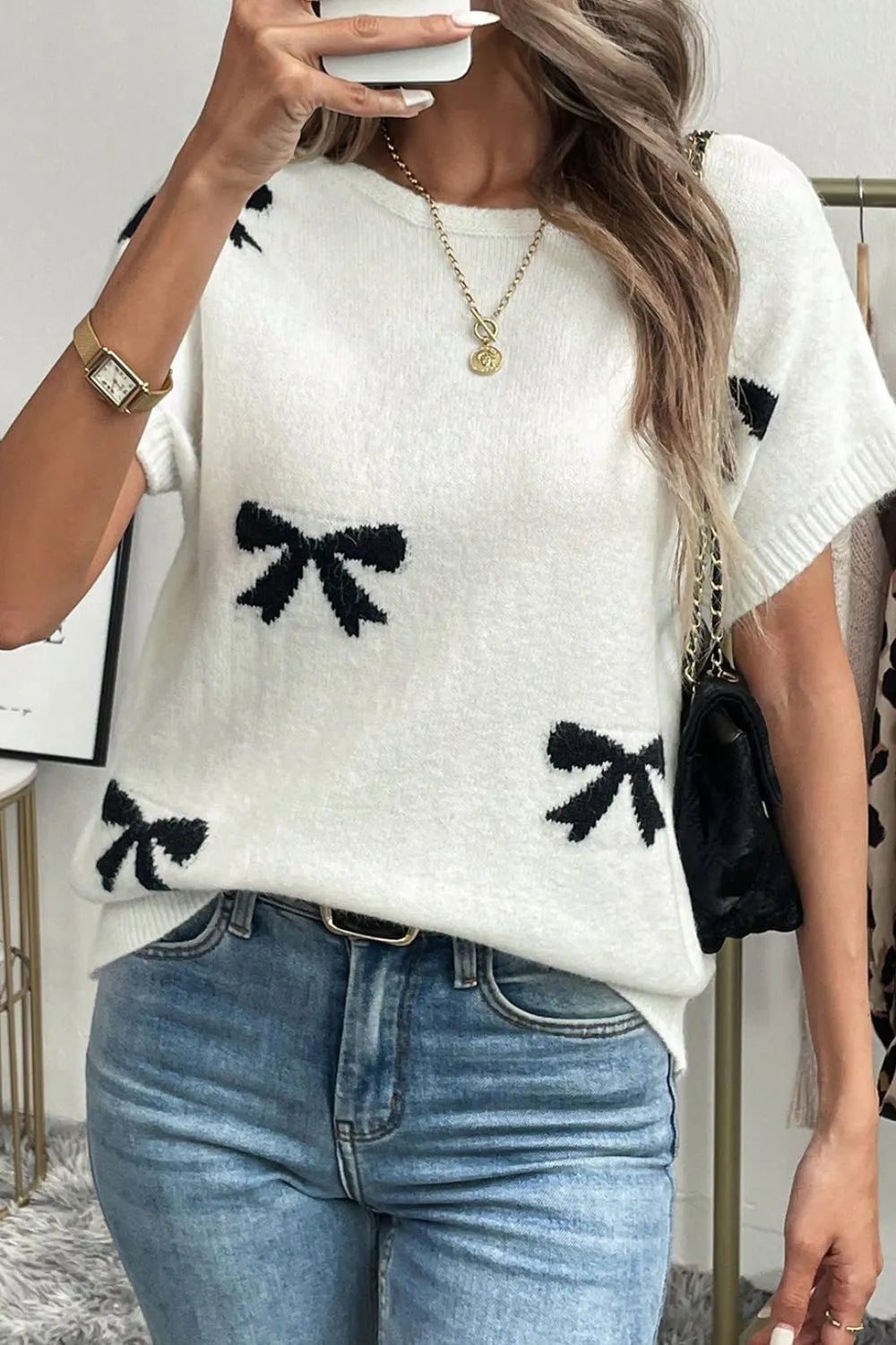 Bow Pattern Knit Short Sleeve Sweater Secondary image