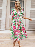 Ruched Printed Surplice Short Sleeve Dress - felvior