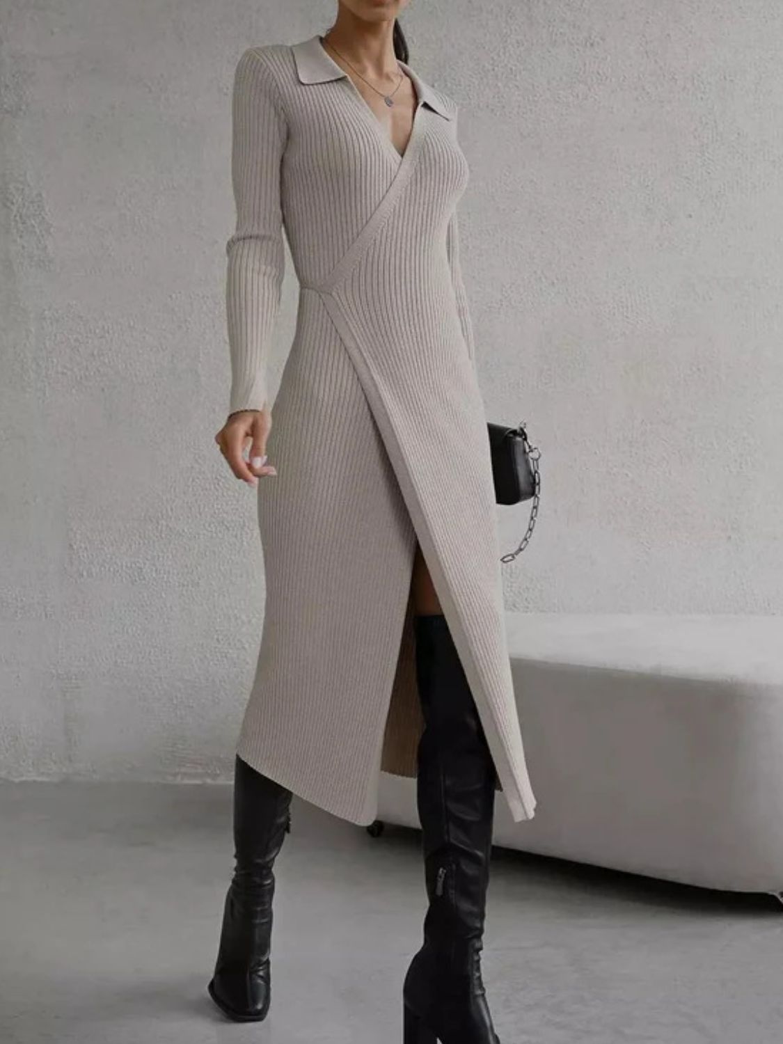 Tied Collared Neck Long Sleeve Sweater Dress - felvior