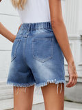 Distressed Raw Hem Asymmetrical Waist Denim Shorts - felvior