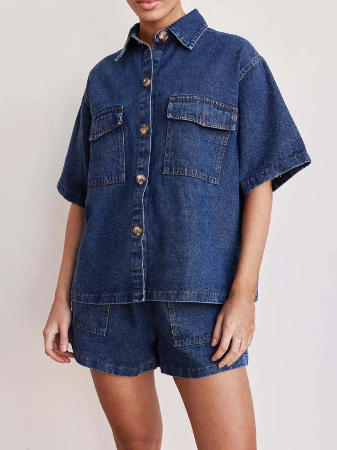 Button Up Short Sleeve Top and Shorts Denim Set - felvior