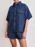 Button Up Short Sleeve Top and Shorts Denim Set - felvior
