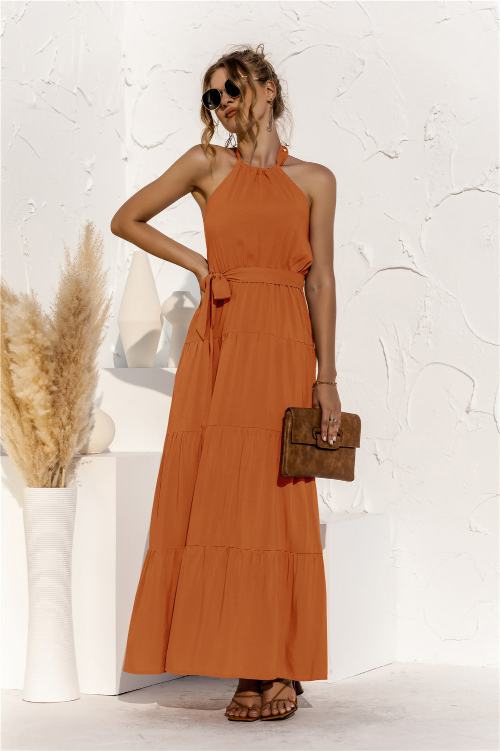 Halter Neck Tie Waist Tiered Maxi Dress - felvior