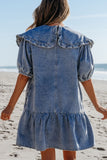 Ruffled Side Pockets Puff Sleeve Denim Mini Dress - felvior