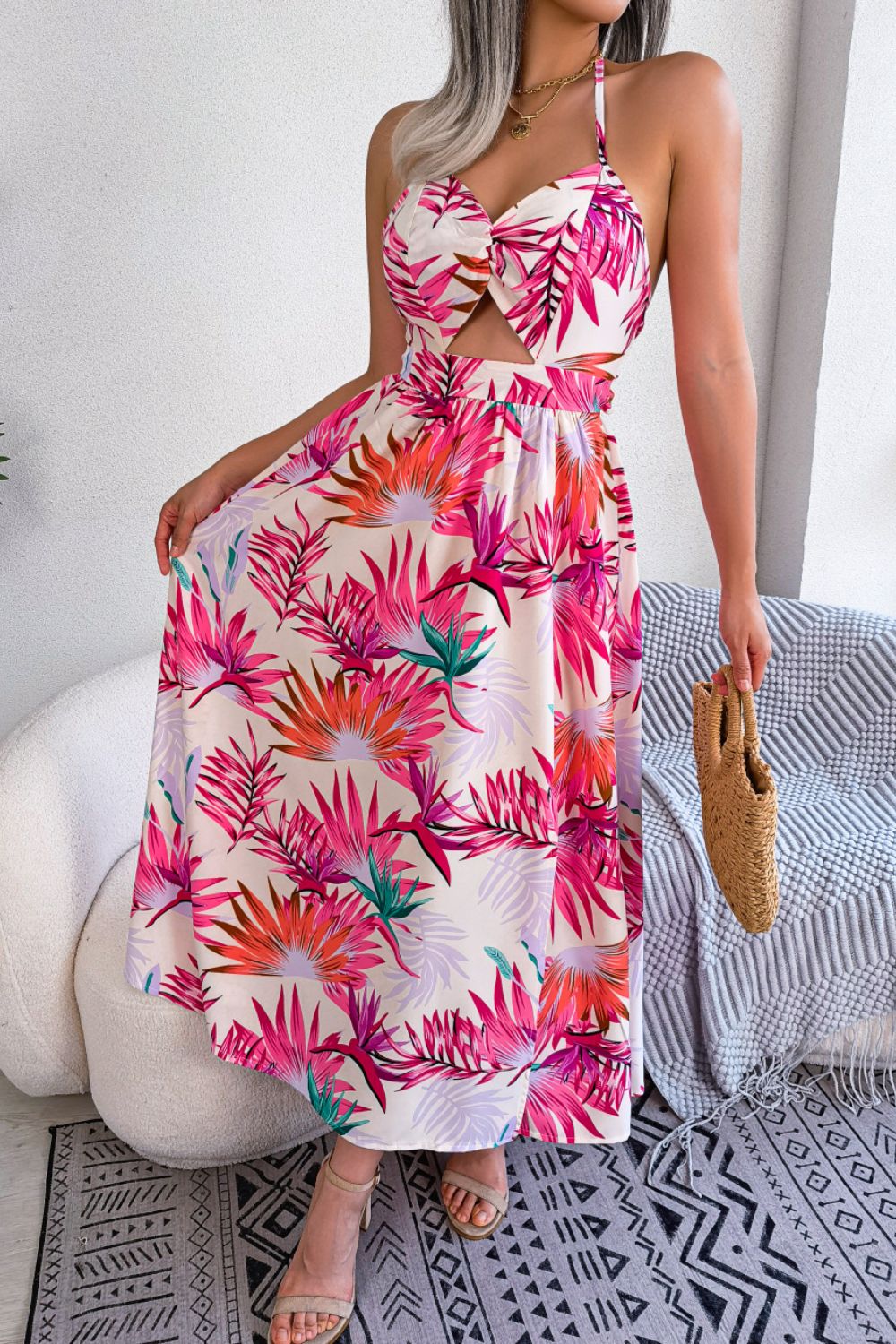 Botanical Print Tied Backless Cutout Slit Dress - felvior