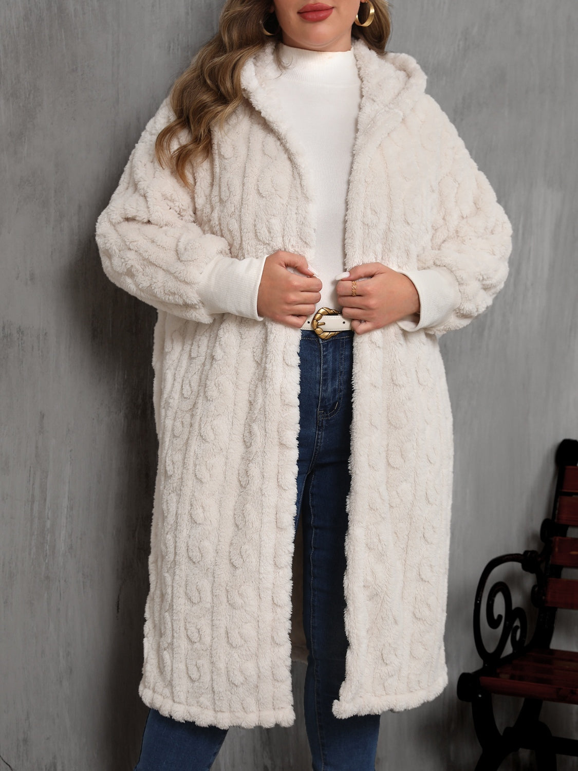 Plus Size Open Front Hooded Plush Coat Main image