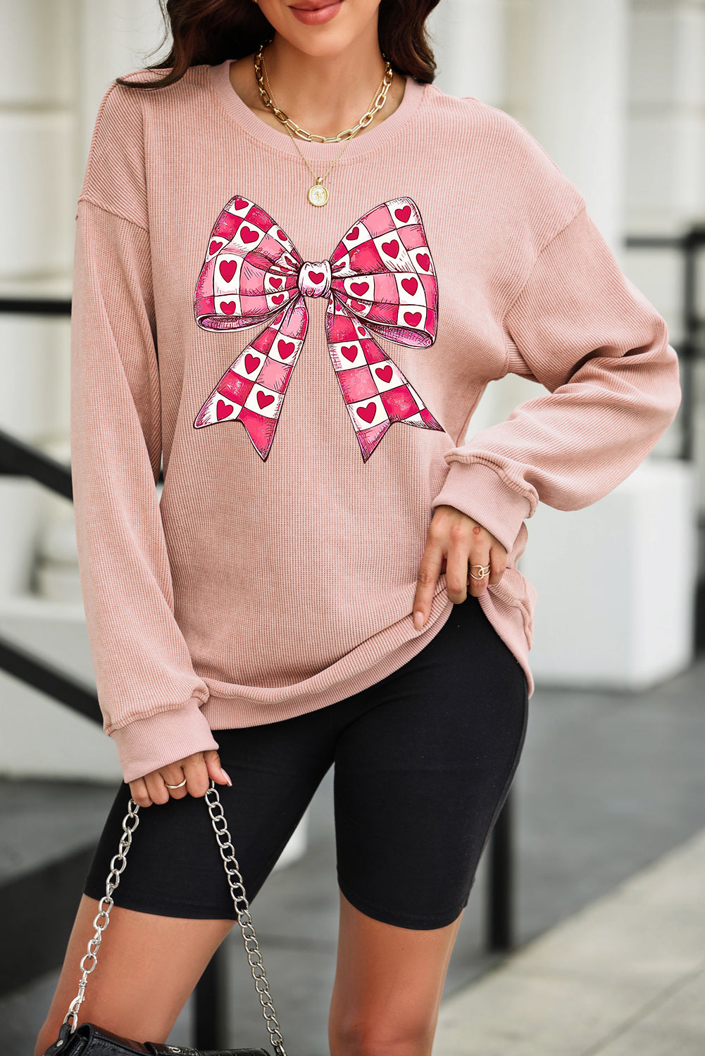 Valentine’s Day Bow Drop Shoulder Long Sleeve Sweatshirt - felvior