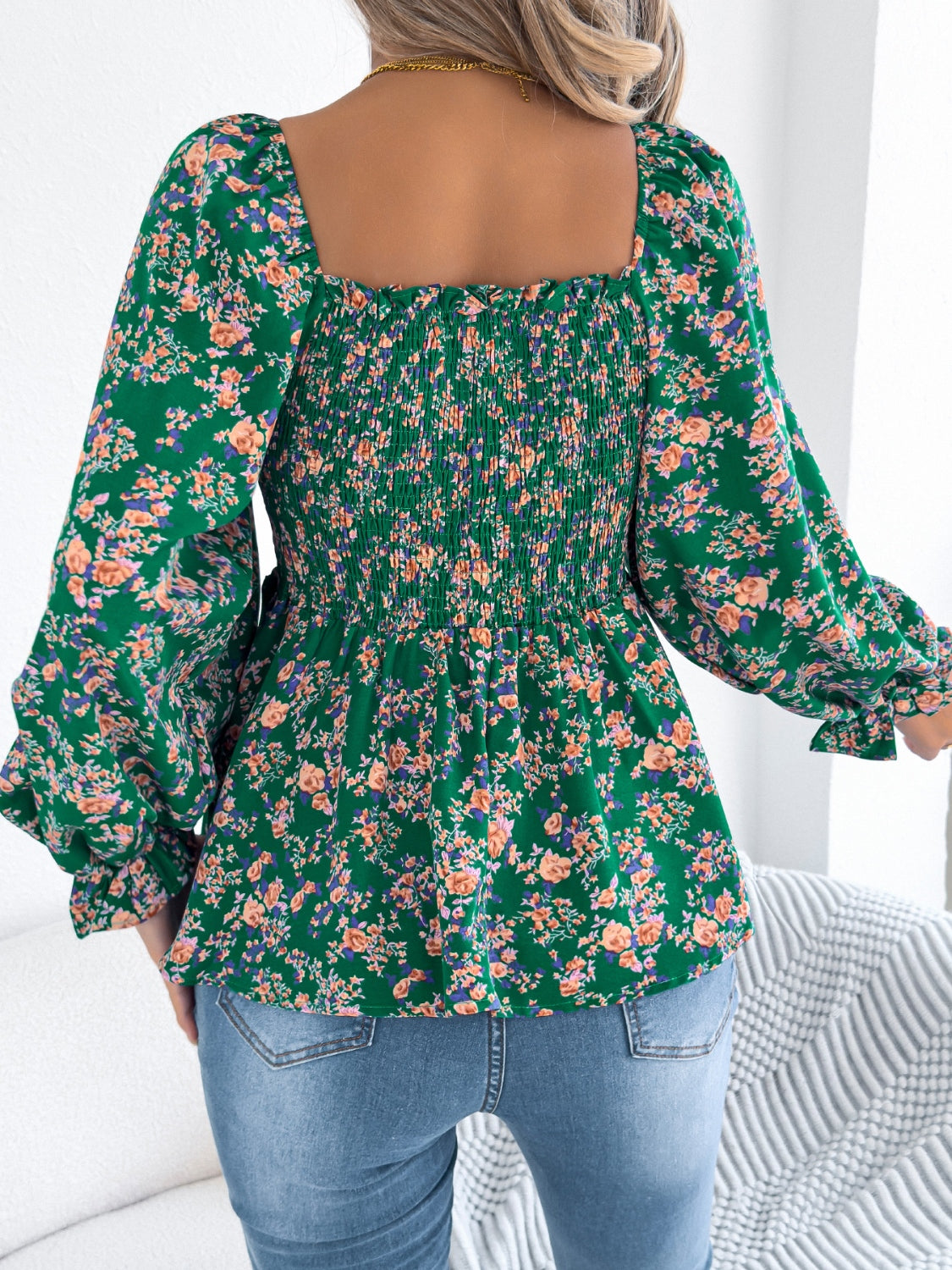 Floral Square Neck Flounce Sleeve Blouse