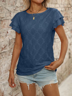 Eyelet Round Neck Double Layered Ruffled Short Sleeve Top
