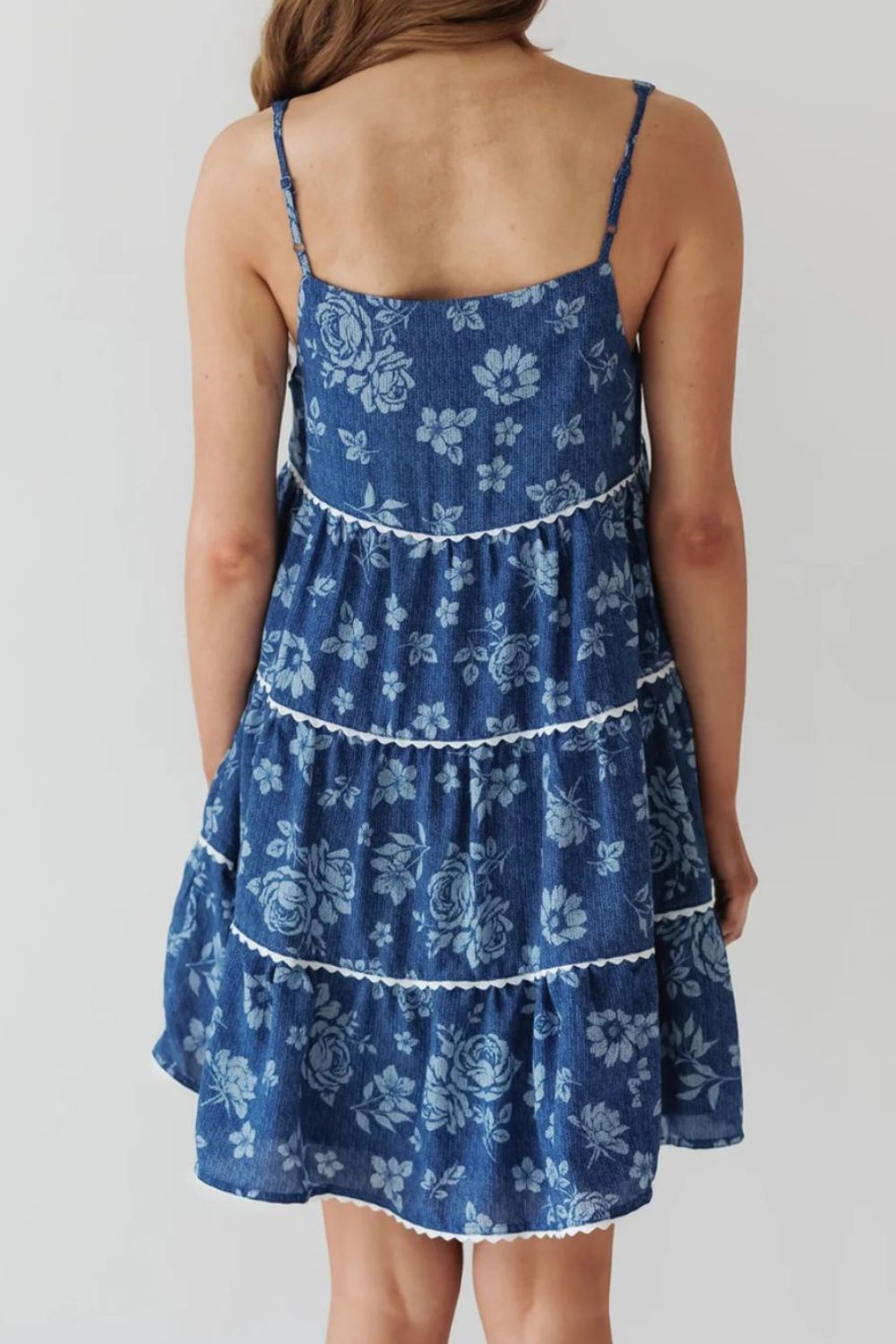 Floral Tiered Square Neck Denim Dress
