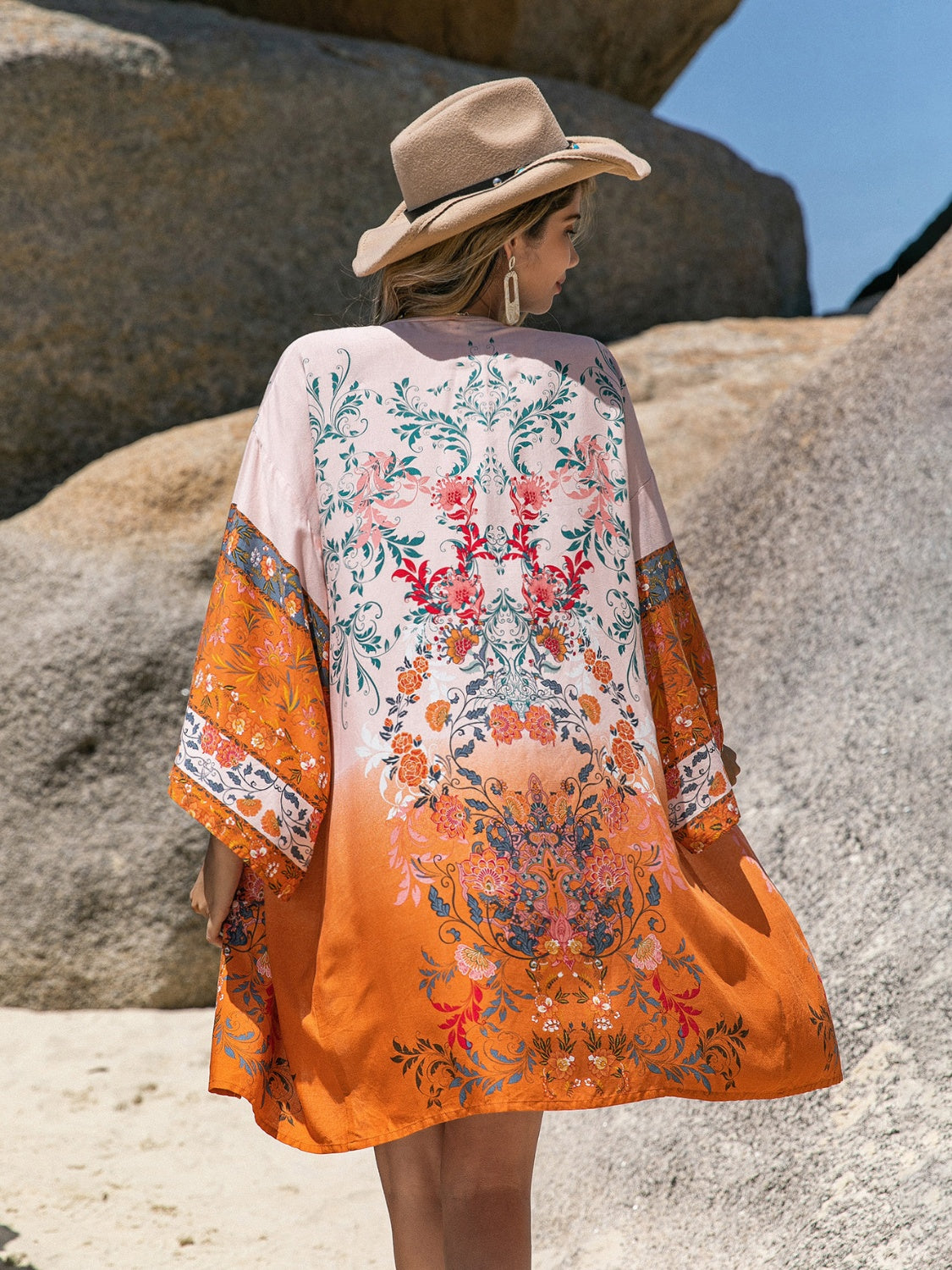 Printed Open Front Long Sleeve Cover-Up - felvior