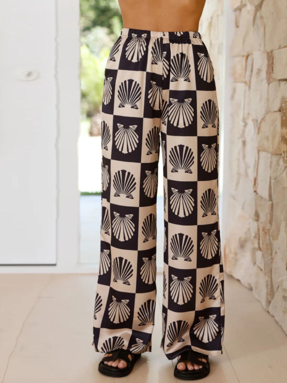 Printed Collared Neck Top and Wide Leg Pants Set - felvior