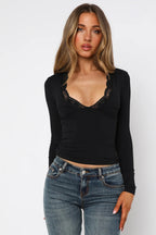 Lace Detail V-Neck Long Sleeve T-Shirt