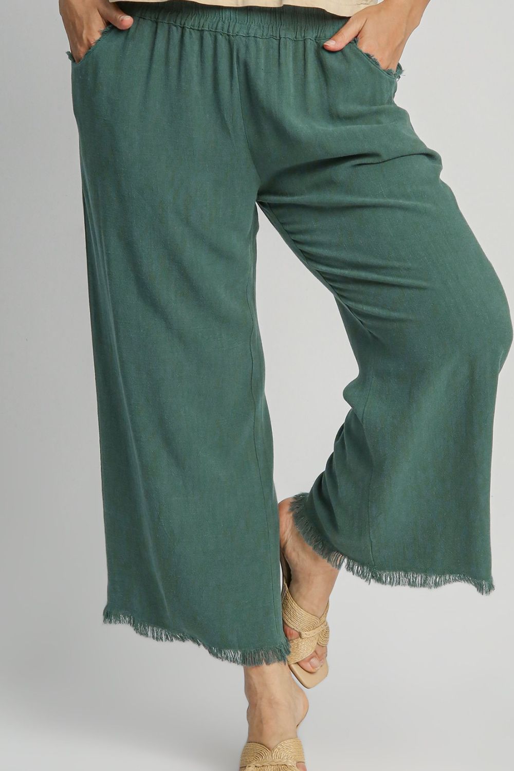 Umgee Full Size Linen Blend Elastic Waistband Wide Leg Pants Plus Size