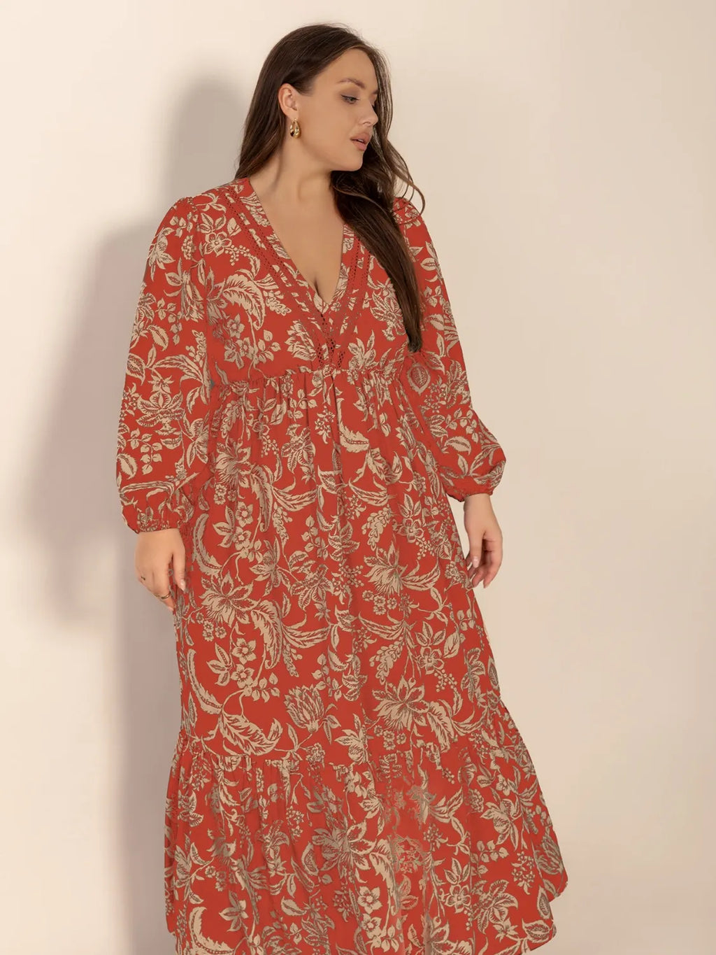 Plus Size Lace Detail Printed Balloon Sleeve Midi Dress