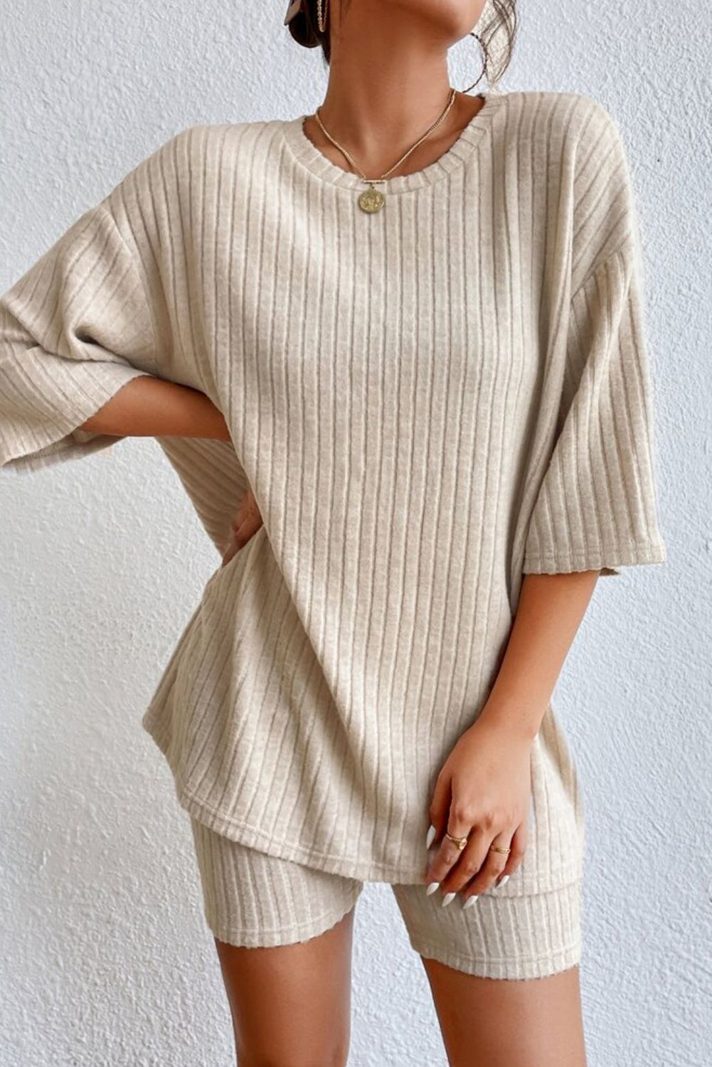 Round Neck Ribbed Top and Shorts Lounge Set - felvior