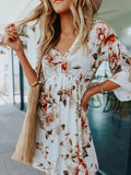 Floral V-Neck Three-Quarter Sleeve Mini Dress - felvior