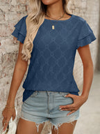 Eyelet Round Neck Double Layered Ruffled Short Sleeve Top