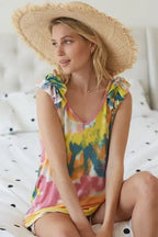 BiBi Circular Tie Dye Knit V Neck Top With Ruffle