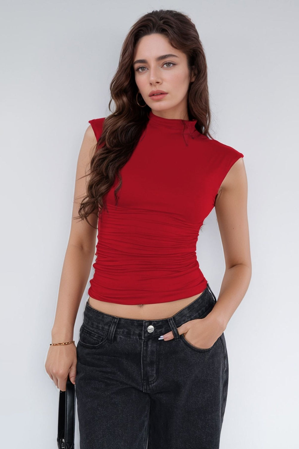 Mock Neck Ruched Tank - felvior