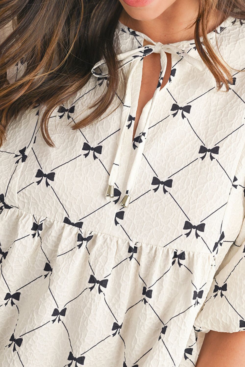 Bow Print Tie Neck Half Sleeve Dress - felvior