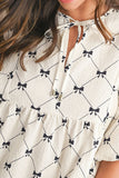 Bow Print Tie Neck Half Sleeve Dress - felvior