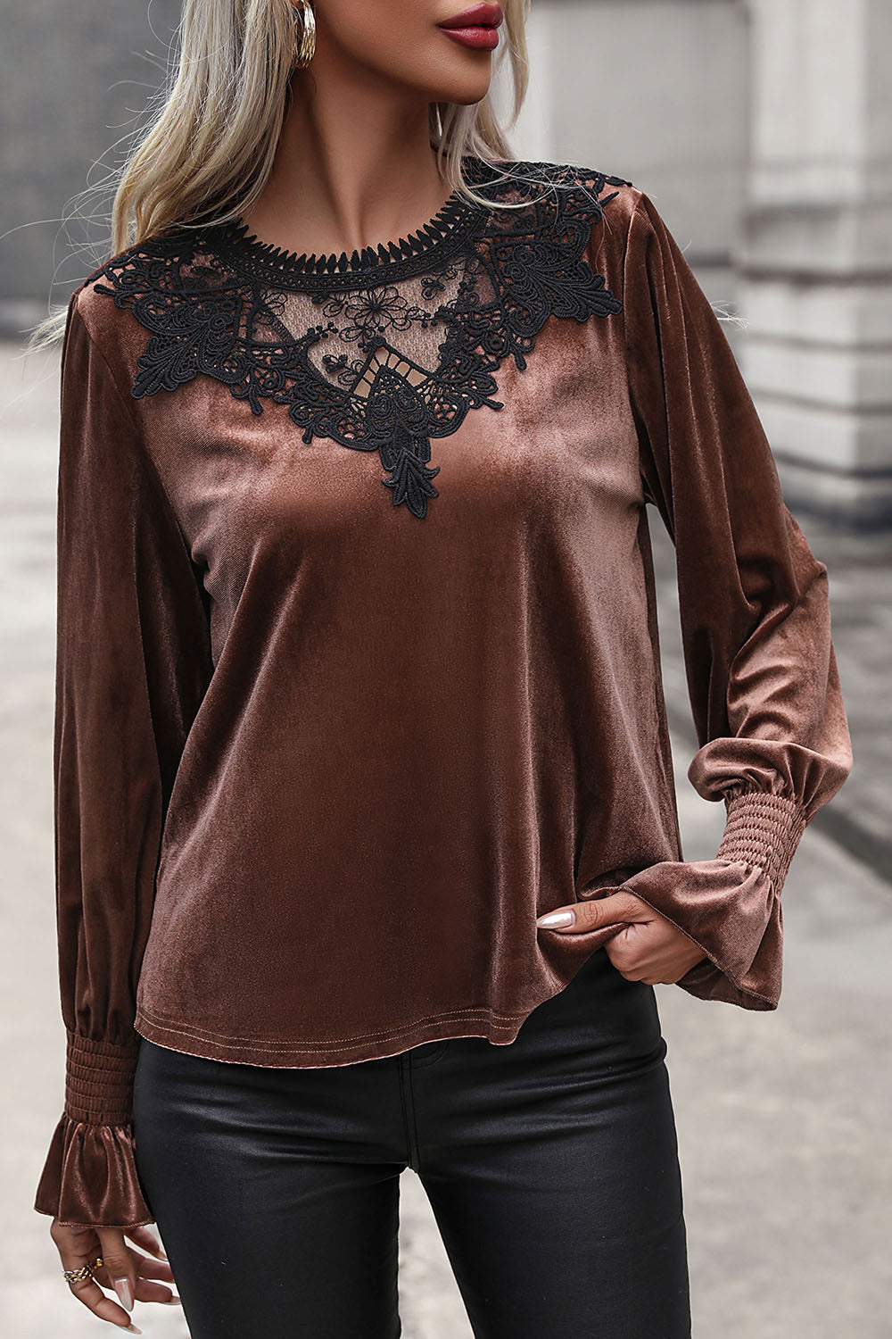 Perfee Lace Detail Round Neck Smocked Flounce Sleeve Blouse - felvior