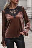 Perfee Lace Detail Round Neck Smocked Flounce Sleeve Blouse - felvior