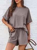 Round Neck Short Sleeve Top and Shorts Set