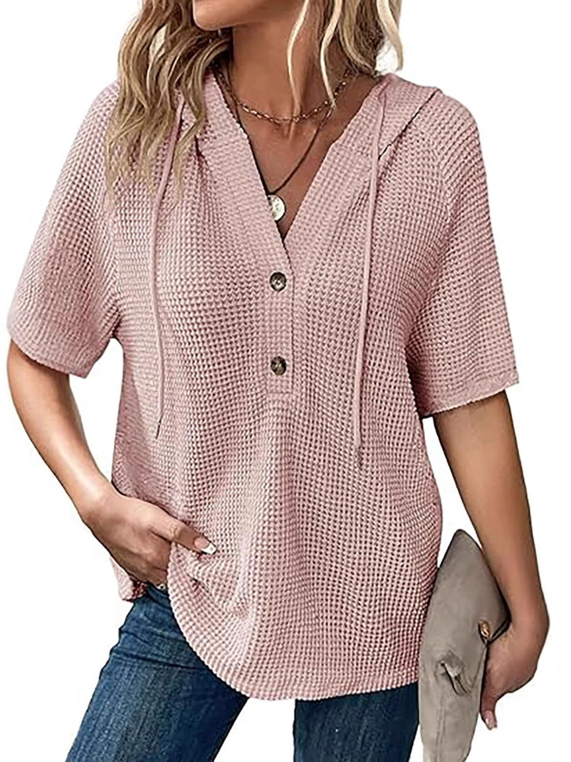 Waffle-Knit Hooded Short Sleeve Blouse - felvior