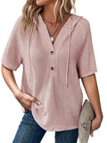 Waffle-Knit Hooded Short Sleeve Blouse - felvior