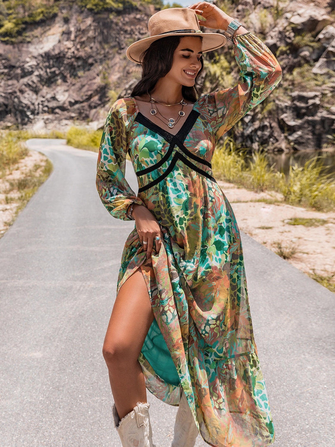 Printed V-Neck Long Sleeve Dress - felvior