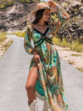 Printed V-Neck Long Sleeve Dress - felvior