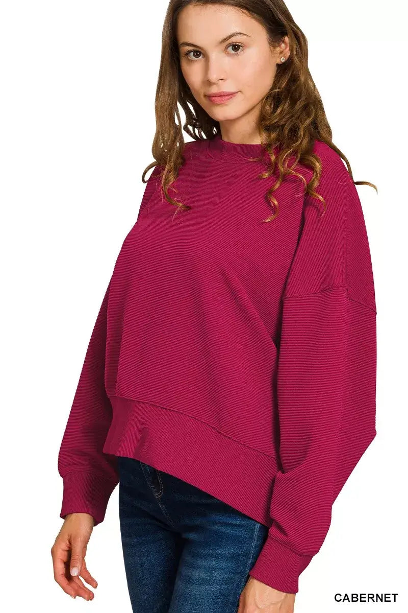 Zenana Ribbed Round Neck Pullover and Drawstring Pants Set