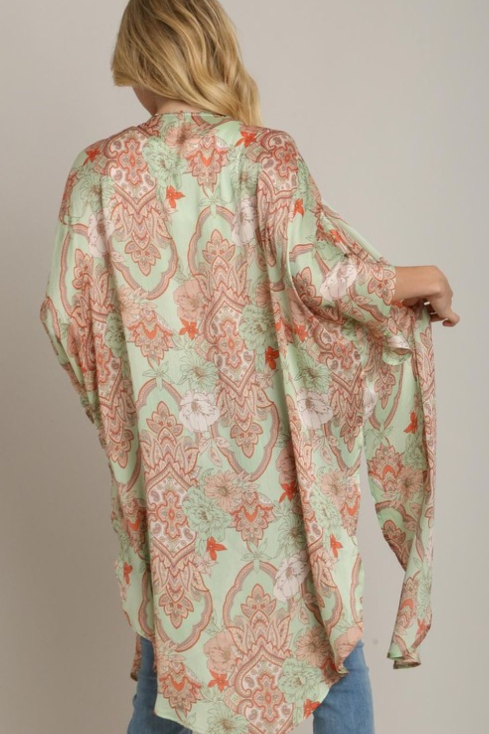 Umgee Full Size Mixed Print Open Front Kimono with Ruffle Sleeves Plus Size