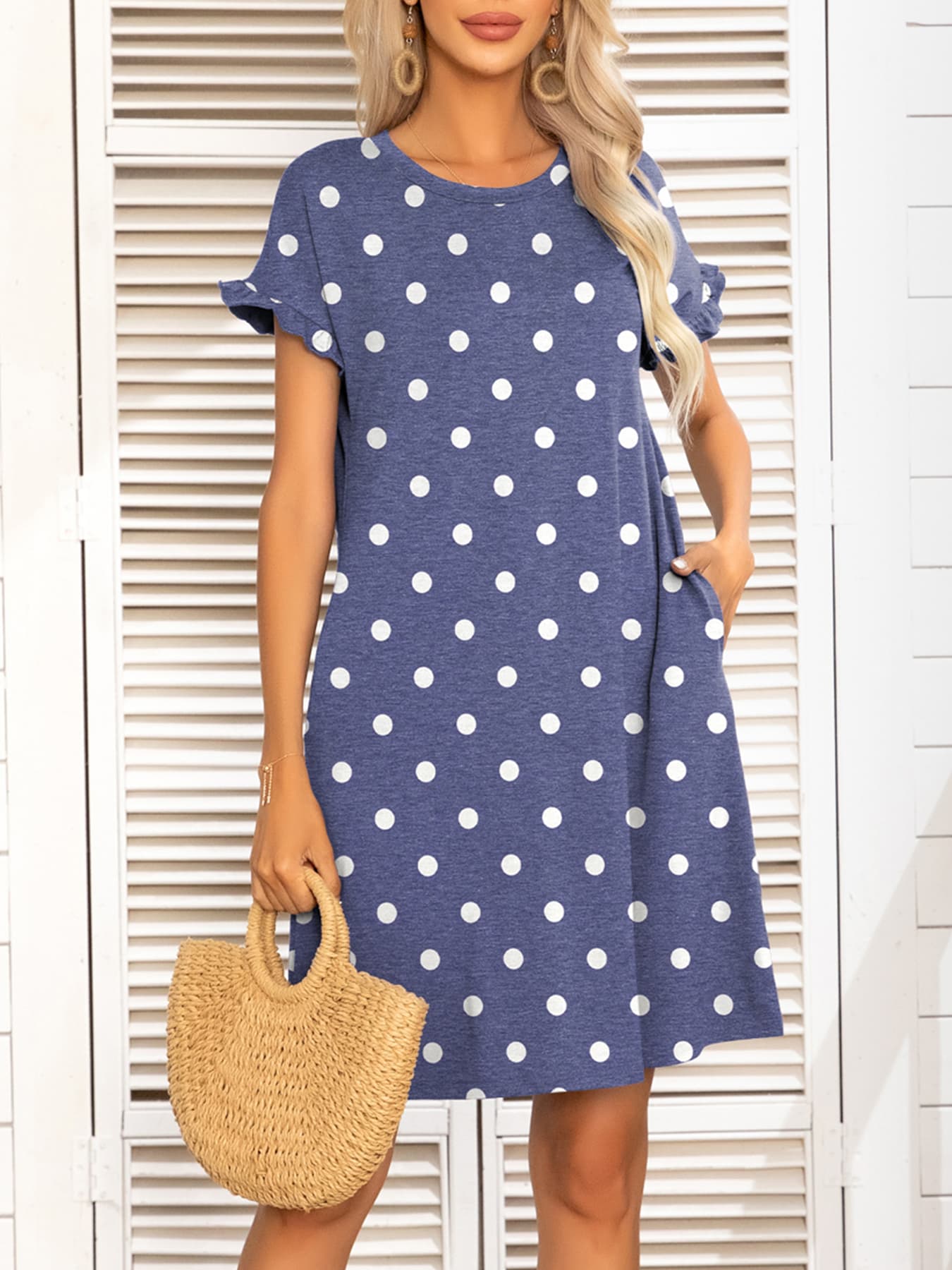 Round Neck Flounce Sleeve Dress with Pockets - felvior